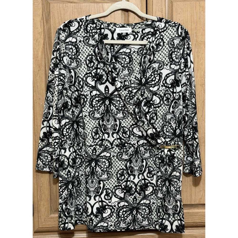 Calvin Klein Faux Wrap Tunic Top Blouse Women's Size 1X Black Floral 3/4 Sleeve